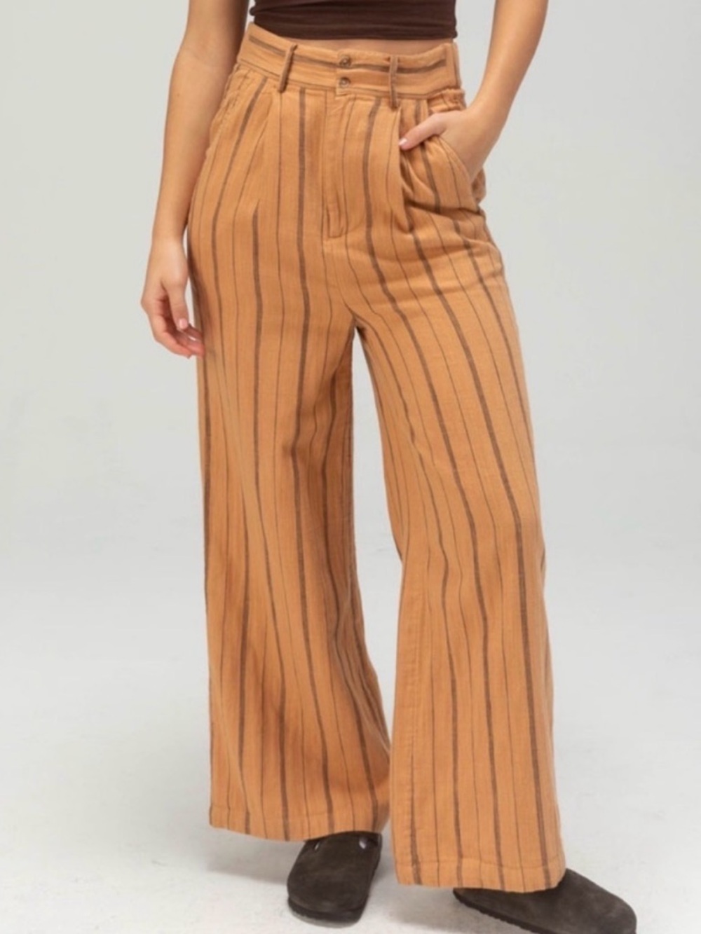 Billabong Tailor Made Wide Leg Brown Striped High Waisted Pleated Cotton Pants M